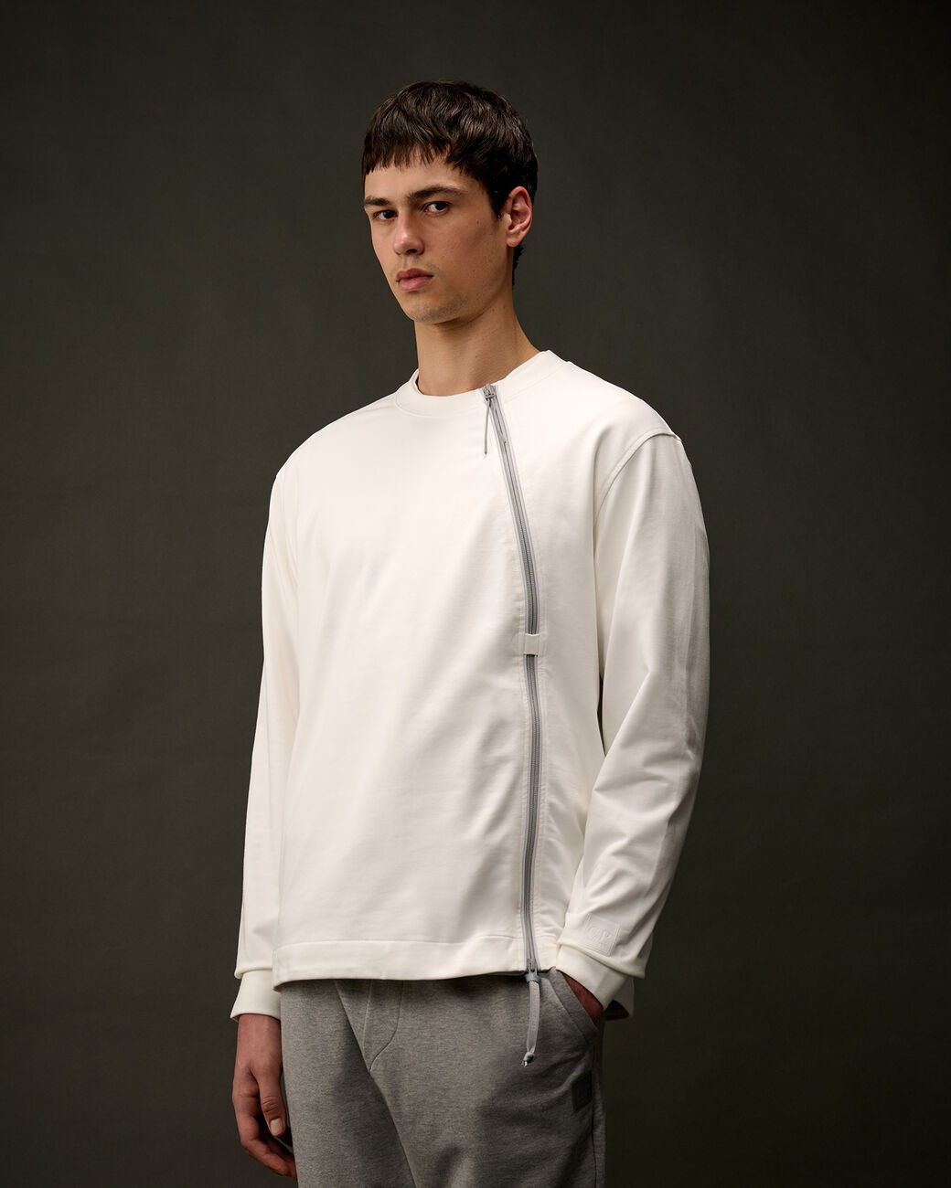 C.P. COMPANY - STRCH FLEECE MIXED ZIP CREW SWSH - GAUZE WHITE