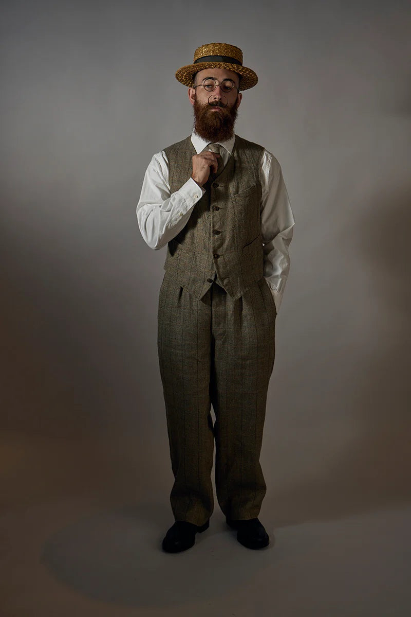 ◯ Nigel Cabourn - ENGINEER VEST HEMP LINEN CHECK - GREEN