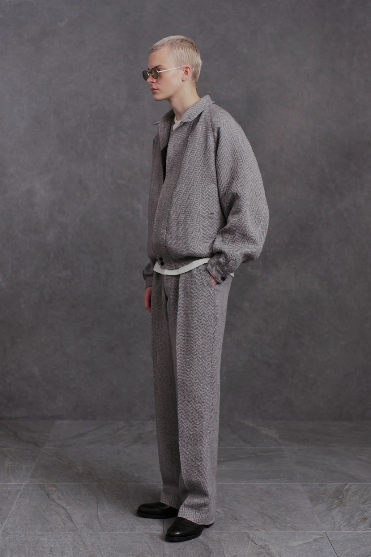 ●OLD JOE - ROUND-COLLAR MOTORING JACKET - FANCY HERRINGBONE