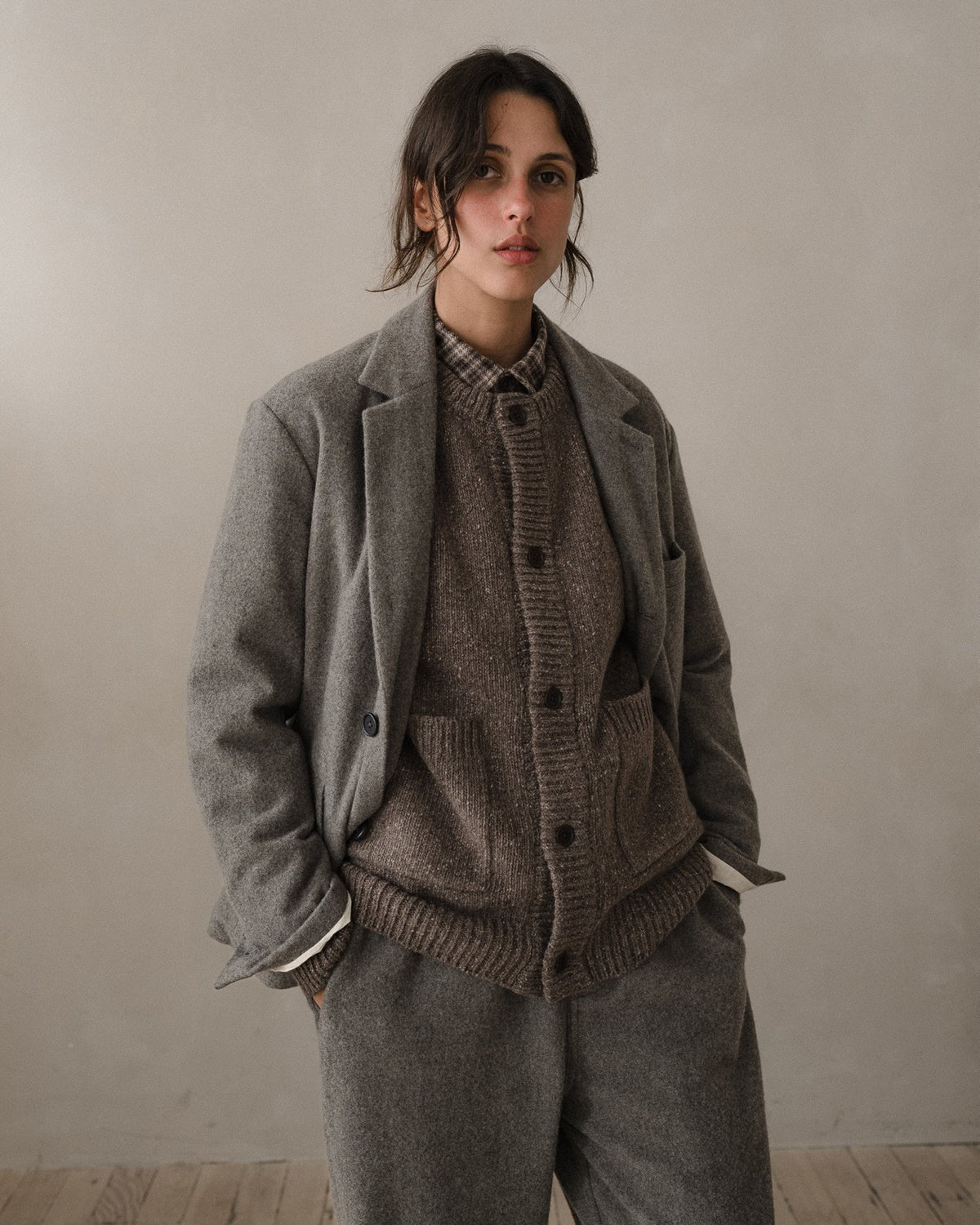 evan kinori - Crewneck Cardigan - Cashmere/Wool Tweed - Light Brown