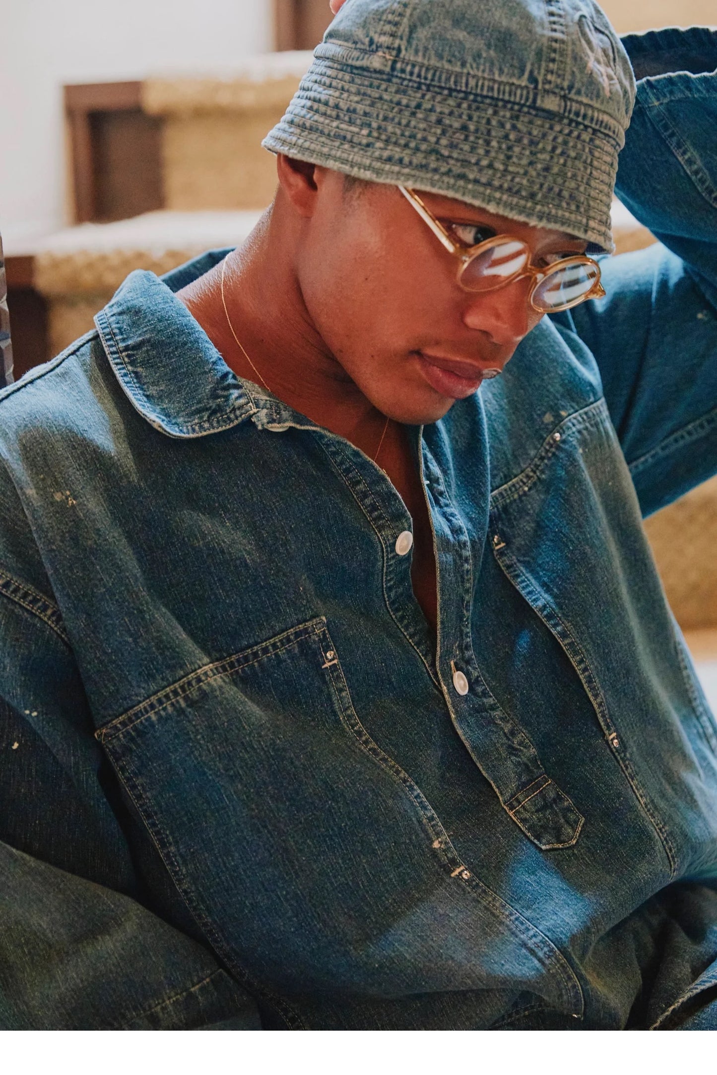 PORTER CLASSIC - BREAKFAST DENIM PRISONER SHIRTS W/LOVE&PEACE SILVER CUSTOM - BLUE