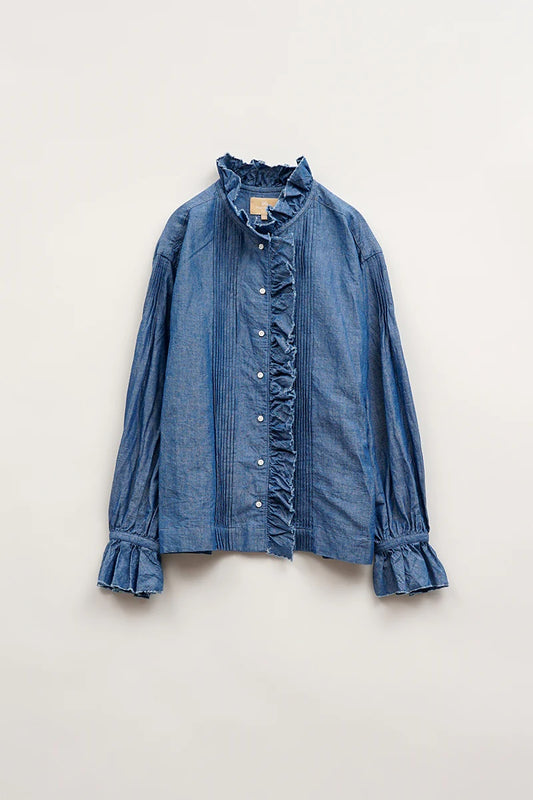 ◯ Nigel Cabourn woman - GATHER COLLAR BLOUSE C/L - INDIGO