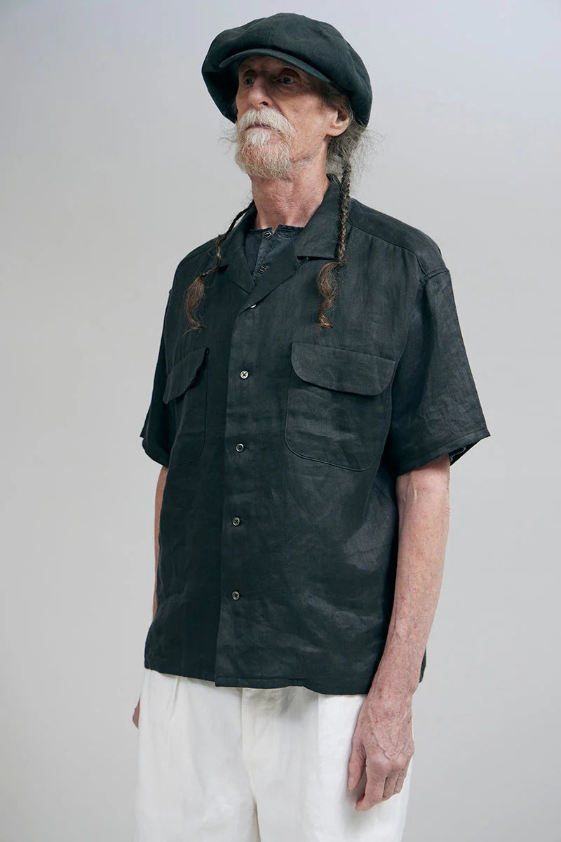 ◯ Nigel Cabourn - OPEN COLLAR SHIRT LINEN TWILL - CHARCOAL  GRAY