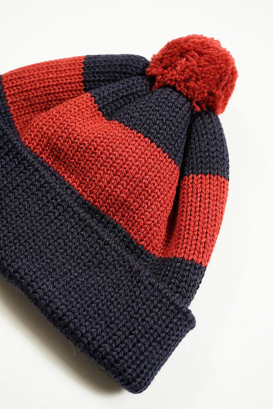 ◯ Nigel Cabourn - STRIPE BOBBLE HAT - DARK NAVY