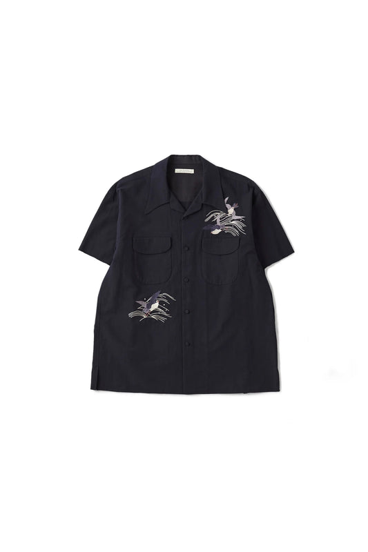 ○OLD JOE - SWALLOW COLLAR NASSOU SHIRTS S/S (EMBROIDERY) - BLACK
