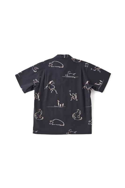 ○OLD JOE - ORIGINAL PRINTED OPEN COLLAR SHIRTS (Animal Drawing) Short - ONYX