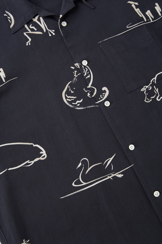 ○OLD JOE - ORIGINAL PRINTED OPEN COLLAR SHIRTS (Animal Drawing) Short - ONYX