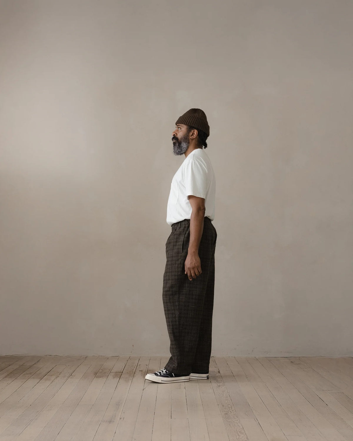 evan kinori - Elastic Pant - Kasuri Wool Check - Brown/Beige/Navy