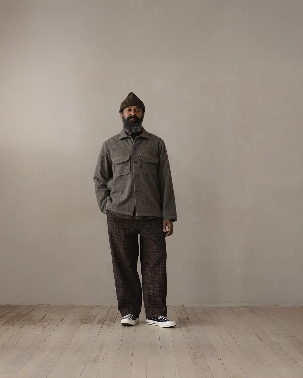 evan kinori - Elastic Pant - Kasuri Wool Check - Brown/Beige/Navy