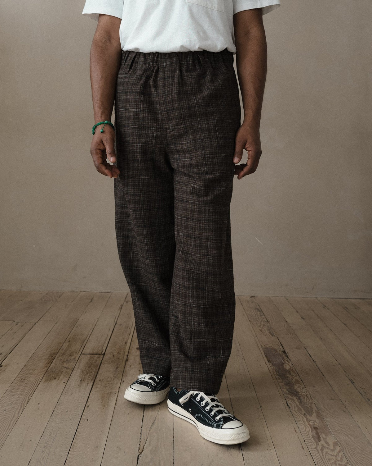 evan kinori - Elastic Pant - Kasuri Wool Check - Brown/Beige/Navy