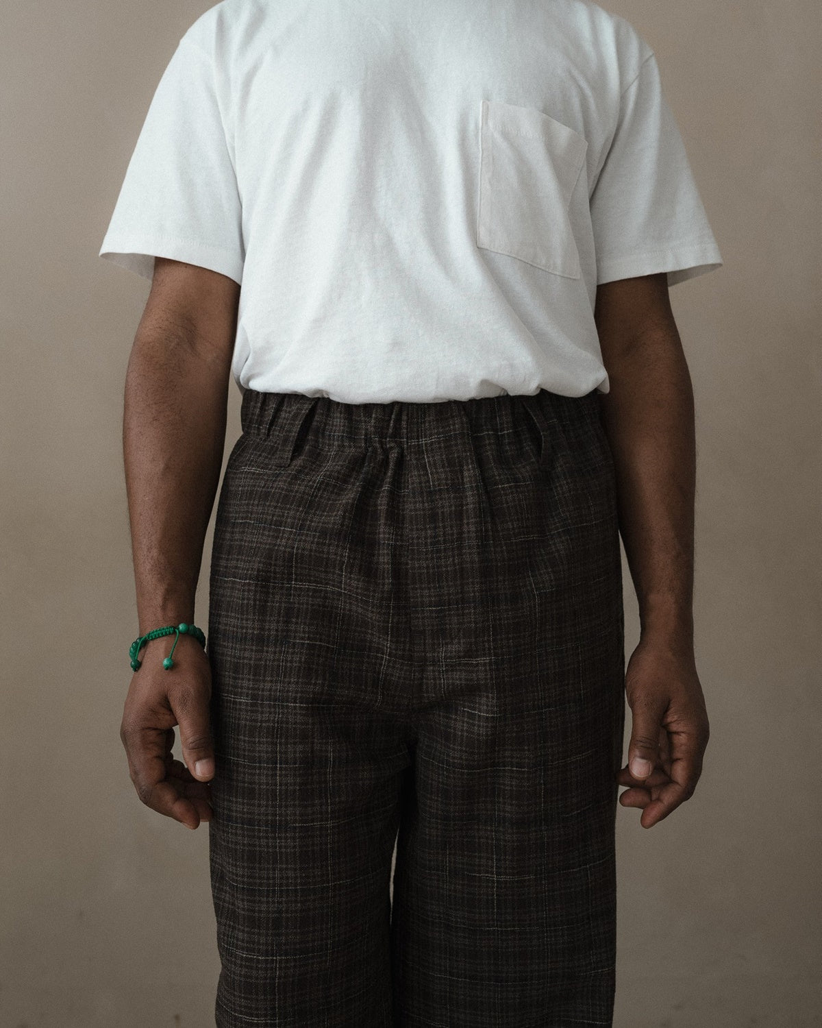 evan kinori - Elastic Pant - Kasuri Wool Check - Brown/Beige/Navy