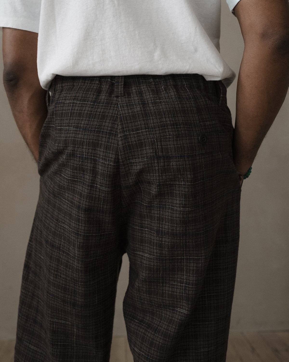 evan kinori - Elastic Pant - Kasuri Wool Check - Brown/Beige/Navy