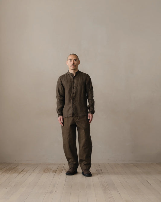 evan kinori - BAND COLLAR SHIRT - SUMI INK HEMP TWILL - DARK OLIVE