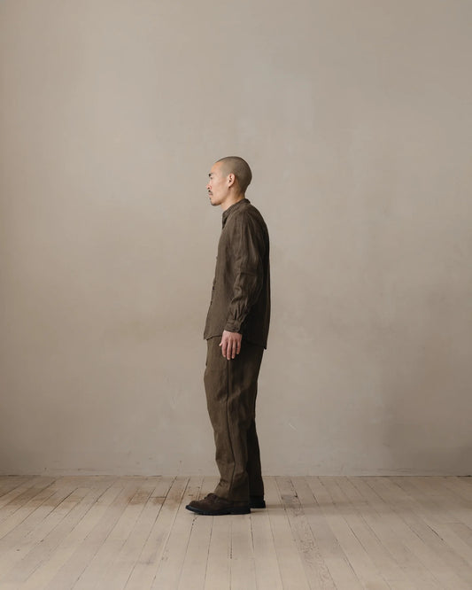 evan kinori - BAND COLLAR SHIRT - SUMI INK HEMP TWILL - DARK OLIVE