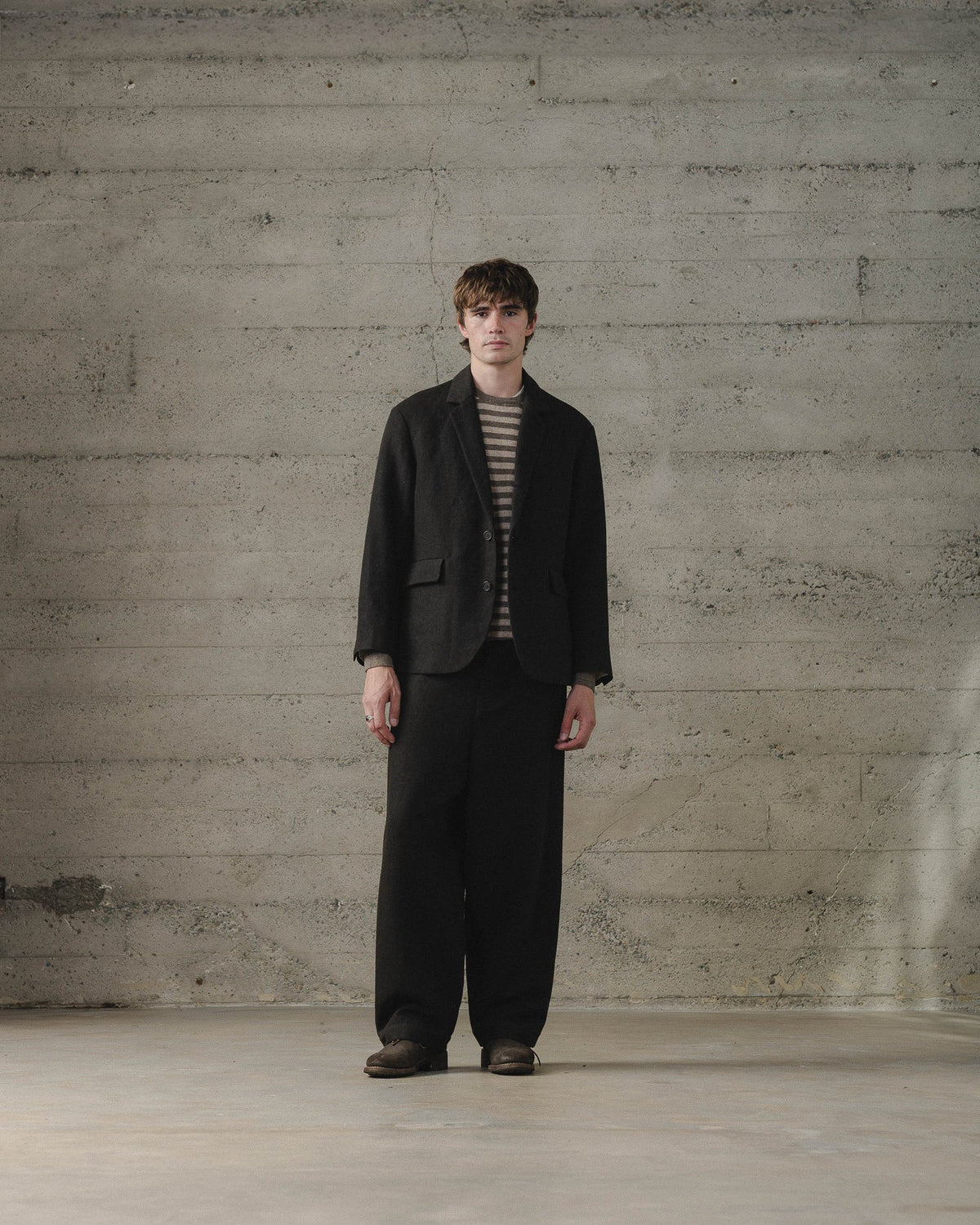 evan kinori - THREE BUTOON JACKET WOOL/LIN H-BONE - BLACK/BROWN
