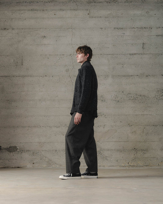 evan kinori - CREWNECK CARDIGAN WOOL/CASHMERE TWEED - BLACK