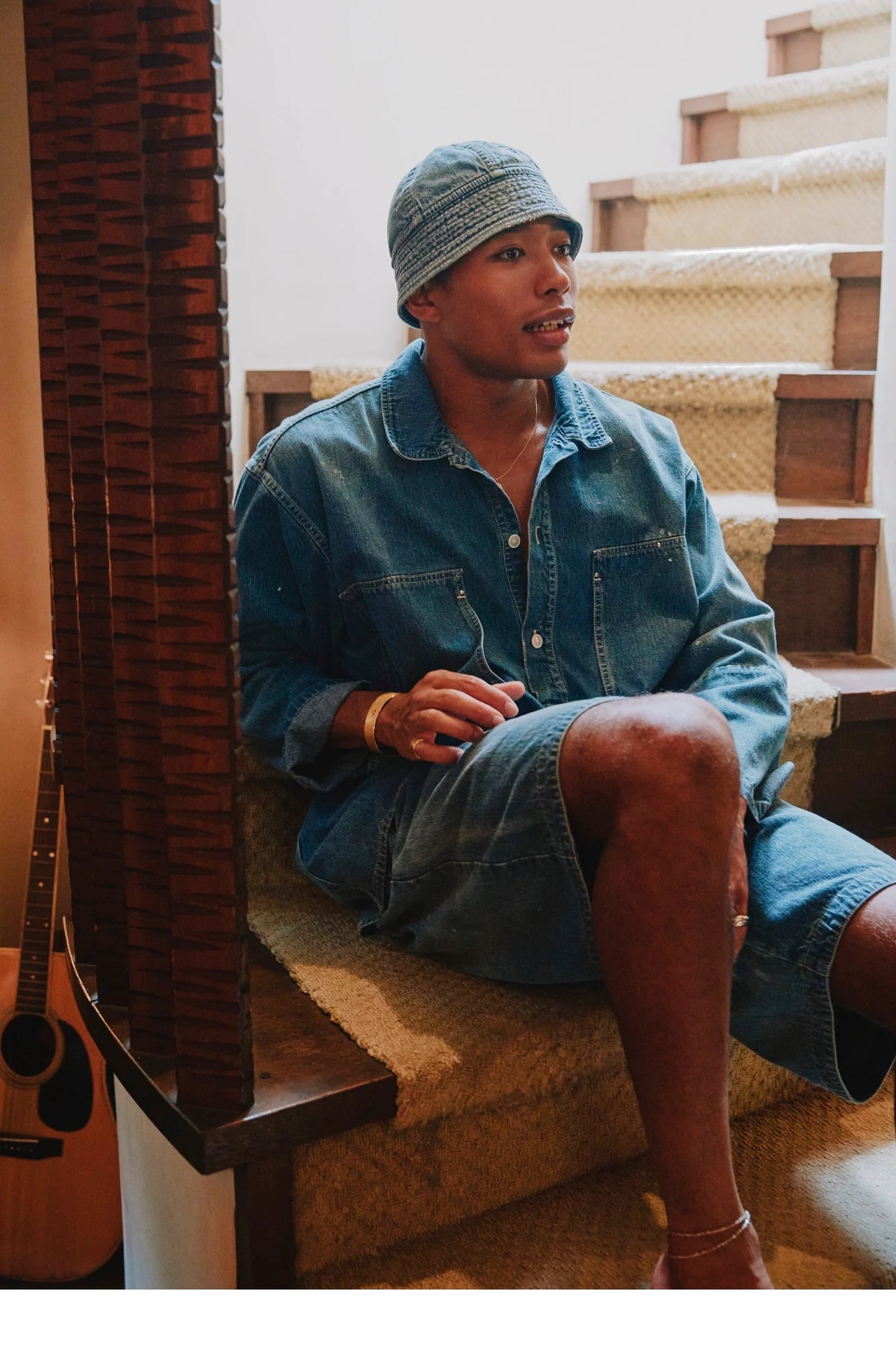 PORTER CLASSIC - BREAKFAST DENIM PRISONER SHIRTS W/LOVE&PEACE SILVER CUSTOM - BLUE
