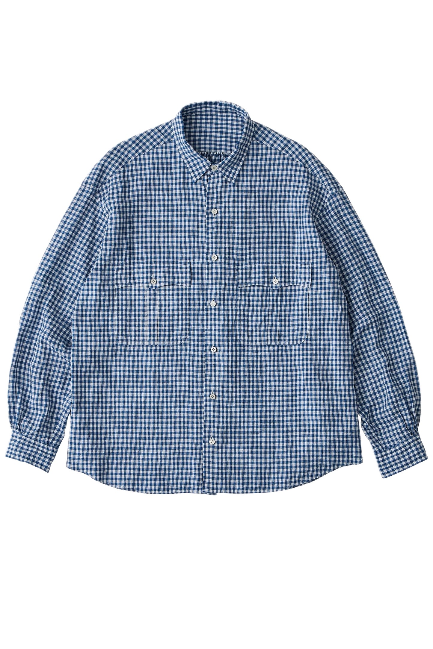 PORTER CLASSIC - ROLL UP LINEN GINGHAM CHECK SHIRT - FRENCH BLUE