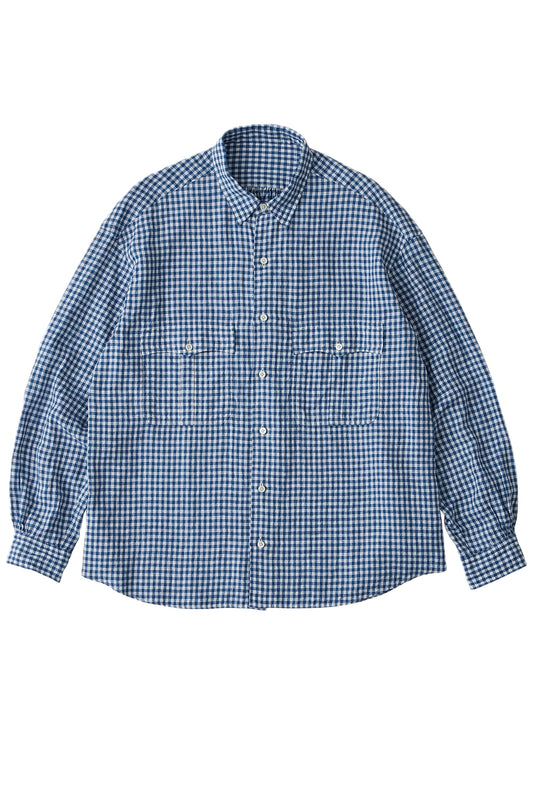 PORTER CLASSIC - ROLL UP LINEN GINGHAM CHECK SHIRT - FRENCH BLUE
