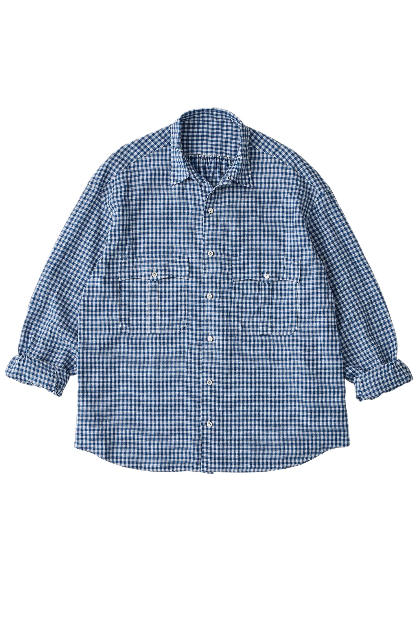 PORTER CLASSIC - ROLL UP LINEN GINGHAM CHECK SHIRT - FRENCH BLUE